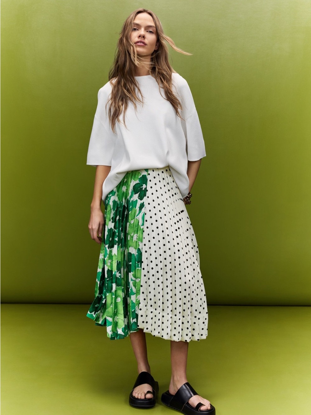 Pleated Midi Skirt in Green Floral and White Polka Dot